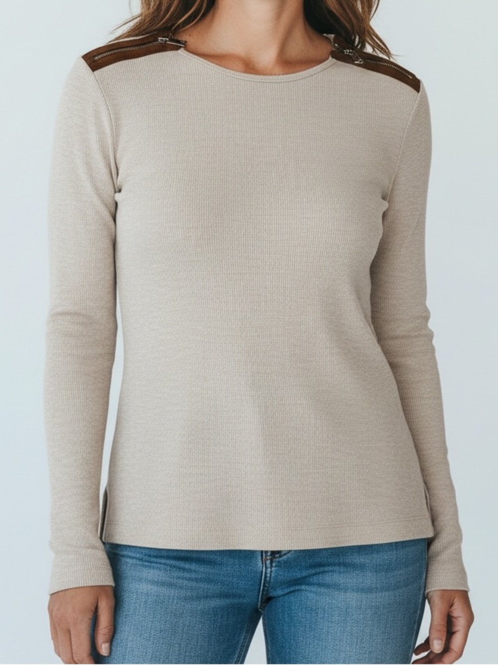 Lauren Ralph Lauren Beige Long-Sleeve Ribbed Cotton Shirt Shoulder Zipper Trim